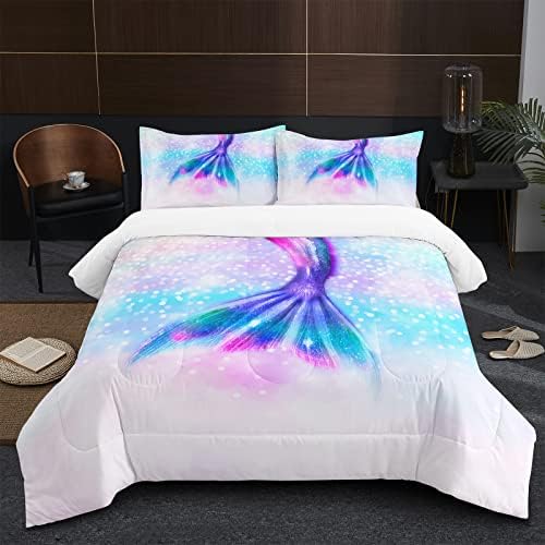 SW SETWIER Kids Duvet Queen Size Mermaid Quilt Cover Fish Scales Bedding Set Rainbow for Girls Children Teens Decorative Soft Microfiber Comforter with 2 Pillowcase 3pcs