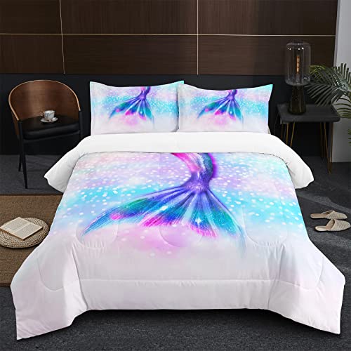 Sw Setwier Kids Duvet Queen Size Mermaid Quilt Cover Fish Scales Bedding Set Rainbow For Girls Children Teens Decorative Soft Microfiber Comforter With 2 Pillowcase 3Pcs #TOP1
