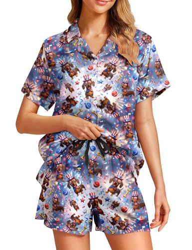 Image of Women's Pajama Sets Funny Pajamas for Women Set Comfortable 2 Piece Button Down Tops & Shorts Sleepwear Short Sleeve