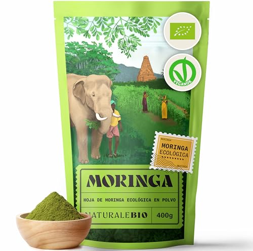NaturaleBio Moringa Oleifera Ecológica en Polvo - Grado Premium - de 400g. Moringa Powder Organica. Bio, Natural y Pura. Hojas Recogidas de la Planta de Moringa Oleífera.