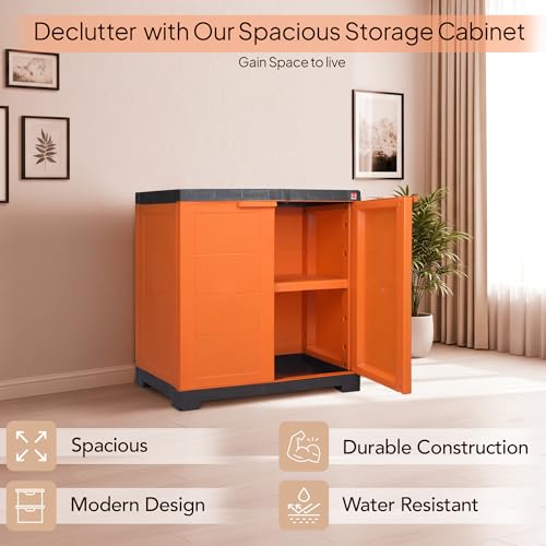 Image of Cello Novelty Compact Bookshelf, Orange & Brown | 2 Dustproof Doors | Space Saving Cupboard | Plastic Book Shelf | Multipurpose Book Shelf for Home, Office | Book Organizer for Library