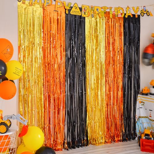 LOLStar Construction Party Decorations Foil Fringe Curtains, Construction Birthday Party Supplies, 2 Pack 3.3x6.6 ft Yellow Orange and Black Tinsel Photo Booth Prop Streamers Backdrop for Truck Decor