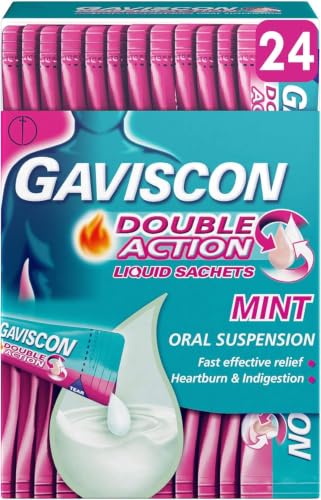 Gaviscon Double Action Sachets Mint 24 X 10ml Heartburn Relief Acid Reflux Indigestion Liquid Gerd Gastro Resistant Gets To Work Instantly Lasts 2X Longer Antacids Digestion and Nausea