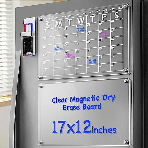 2 PCS Acrylic Magnetic Monthly and Clear Board Calendar for Fridge, 17 "x 12" Set of 2 Clear Acrylic Dry Erase Board for Refrigerator, Magnetic Reusable Fridge Planner with 6 Markers, Magnetic Holder