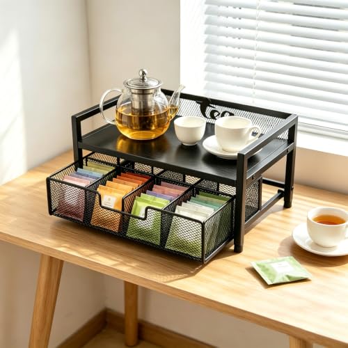 Uniqcovosa 2 Tier Tea Bag Organizer - 8 Drawer Sliding Tea Box Organizer, Tea Bar Accessories Organizer for Countertop, Bar Station, Kitchen (Black) — view 2