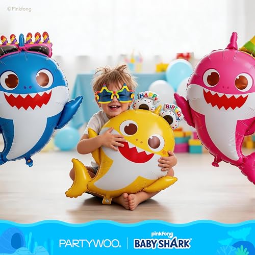 Image of PartyWoo Baby Shark Family Foil Balloons 5pcs Baby Shark Family Blue Round Mylar Helium Balloons for Boys and Girls Birthday Decorations Under the Sea Ocean Theme Kids Birthday Party Decorations