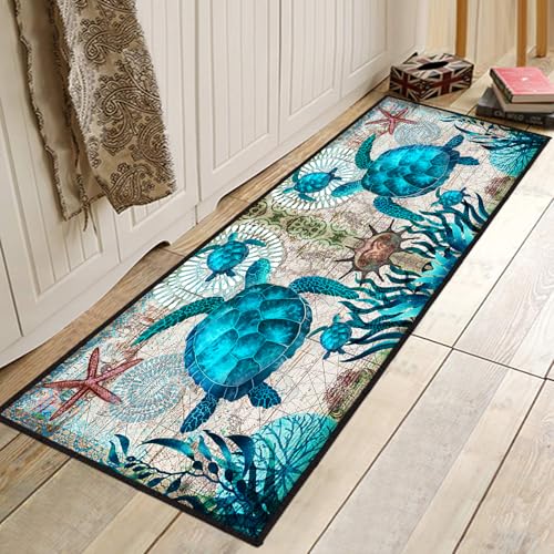 Tapete Pasillo Runner Tortuga Marina Azul 60x180cm