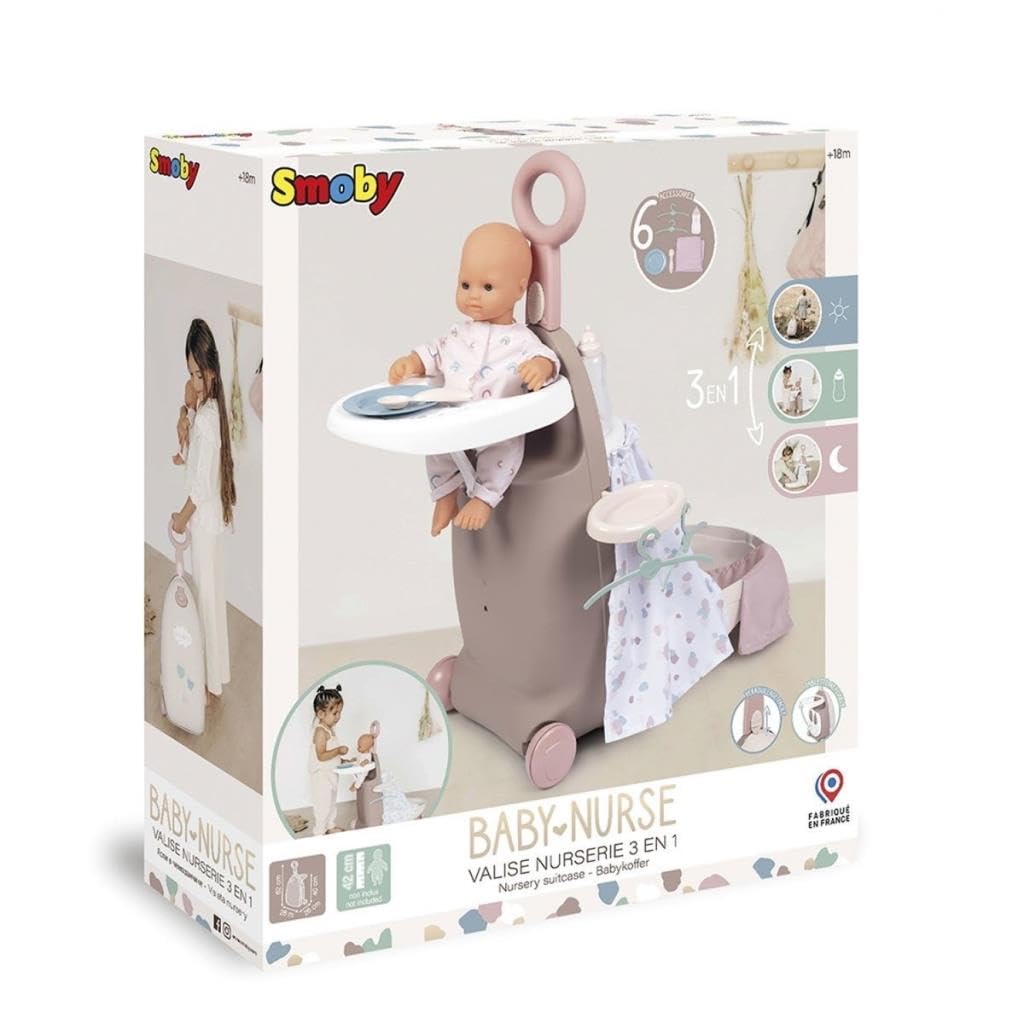 Smoby 7600220374 Baby Nurse Wielofunkcyjna walizka 3w1, łóżeczko dla lalki, krzesełko do karmienia bobasa, przenośny kontenerek na kółkach, 25,5x25,5x62 cm