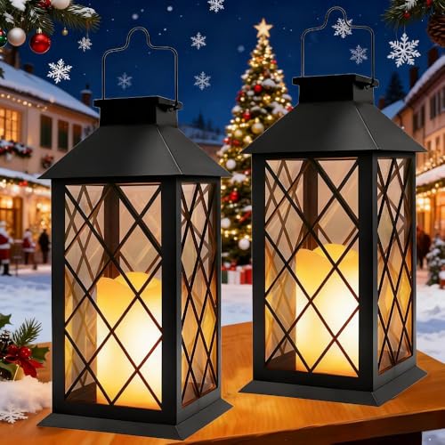 Yowin Farolillos Solares Exterior 2 Piezas Grande Lampara Jardin con Vela Parpadeante, Vidrio Templado, Farol Solar Impermeable Lintern Exterior Mesa para Adornos Jardin Terraza Balcón - Negro