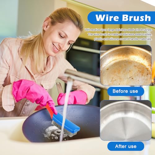 Image of 2 Pack Wire Brushes for Cleaning, 6.3inch Steel Wire Scratch Brush Heavy Duty Metal Wire Brush Cleaning Tool with Handle Grip(Blue+Red)