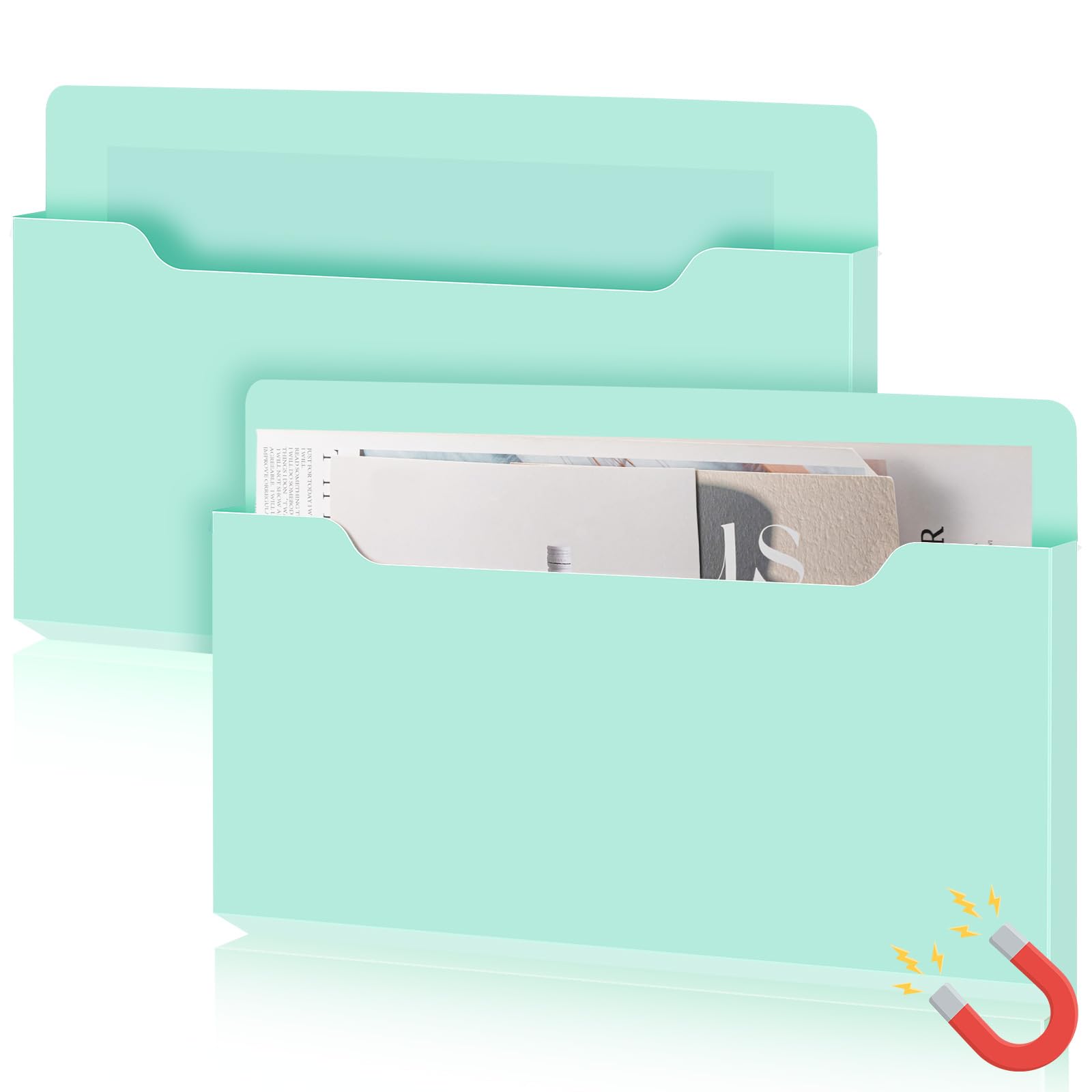 Feifeiya 2 Pack Magnetic File Holder Large Magnetic Pocket Wall Hanging Magazine Organizer Paper Mail Letters for Refrigerator Classroom Locker Whiteboard(Horizontal,Mint Green,13.8 x 8.3 Inches)