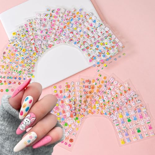 Image of MAYCREATE Cartoon Rabbit Nail Stickers for Kids, 30 Sheets 3D Self-Adhesive | Easy Peel and Press Application, Playful Detail Without Drying Time, Self-Adhesive Backing for DIY Manicures
