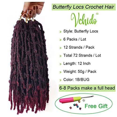 6 Packs Crochet Butterfly Locs Crochet Hair 12 Inch Burgundy Red Distressed Locs Crochet Braids Soft Butterfly Faux Locs Crochet Hair Extension (12Inch,1B/Bug) #TOP1
