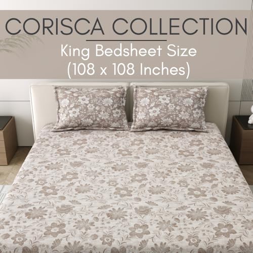 Image of Mafatlal 186 Tc Corsica Cotton Bedsheet King Size | 108 X 108 Inches | Summer Relaxing Sheet for Relaxing Sleep | Premium Bedding with 2 Pillow Covers | Taupe Grey