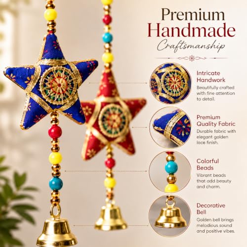 Image of Bindian Handcrafted Rajasthani Wind Chime with Bells, Multicolour, 72x23 cm, Traditional Wall Hanging for Home, Garden & Balcony (Star & Moon Pack of 2)