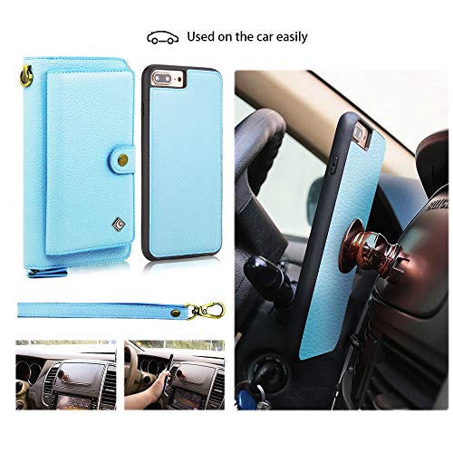 iPhone 7 Plus Wallet Case - JAZ Zipper Purse Detachable Magnetic14 Card Slots Money Pocket Clutch Leather Wallet Case for Apple iPhone 8 Plus/iPhone 7 Plus Sky Blue