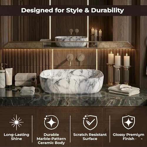 Image of Designer Ceramic Wash Basin For Bathroom | Over Counter Bathroom Basin | Counter Top Bathroom Sink | Wash Basin For Restaurant, Hotel (18 x13 x 5 Inch) (114)