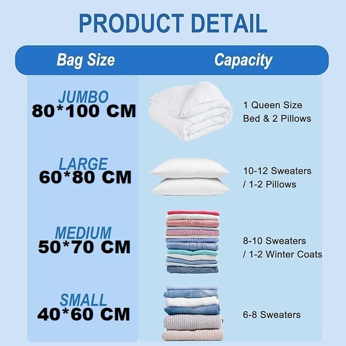 Image of Leafly Vacuum Storage Bags with Hand Pump, Plastic Packaging Bags, 80% Space Saver Vacuum Seal Bags for Clothing, Travel Lugggage, Blankets, Comforters (Vaccum Storage Bag-5 60 * 80 CM Large)