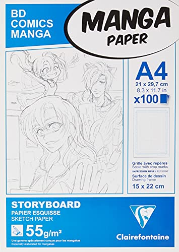 Clairefontaine 94038C Blocco collato Manga e Storyboard - 100 Fogli di carta per Schizzi Bianca A4 21x29,7 cm 55g - Carta stampata con una Griglia divisa in 6 riquadr
