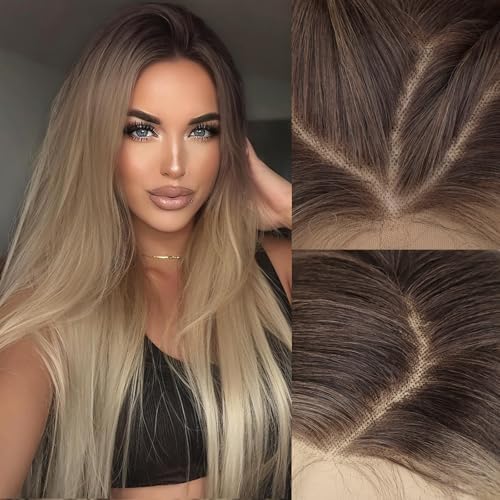 AISI HAIR 13x4 Ombre Blonde Straight Lace Front Wig for Women Synthetic Pre Plucked Blonde Glueless Wig With Baby Hair for Beginner Friendly 28inch