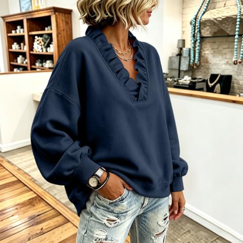 Elneeya Oversized Sweatshirt for Women V Neck Ruffle Casual Fall Sweatshirt - image 5