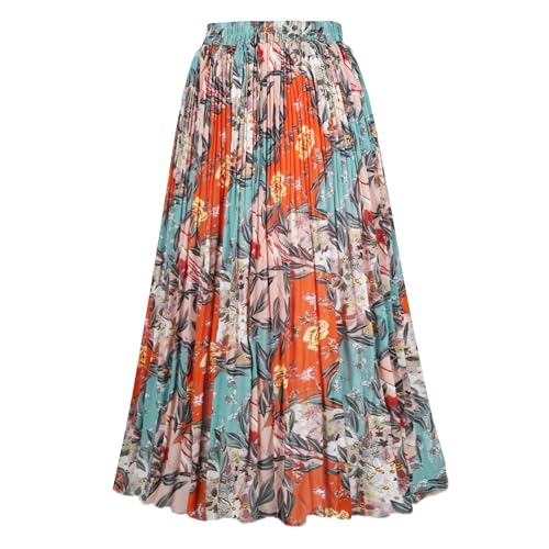 OBBUE Women's Chiffon Pleated Skirts Elastic High Waist A-line Midi