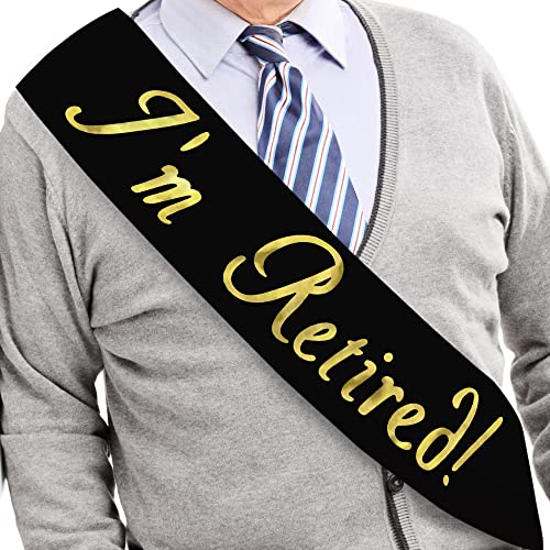I’m Retired! Sash – Black & Gold Foil Retirement Sash for Women and Men & Large Safety Pin. Great for Retirement Party, Events and Decorations by JPACO (Black)