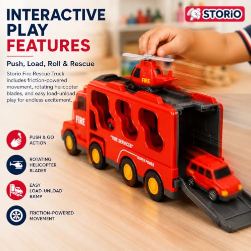 Image of Storio 5 in 1 Fire Truck Toy for Kids 3-5 Years Boys | Transport Carrier Fire Engine Vehicle Set with Ladder Truck Helicopter | Friction Powered Light Sound Montessori Toys for 3 4 5 6 7 Year Old