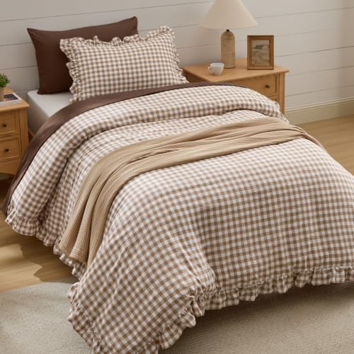 Image of Bedsure Brown Gingham Ruffle Duvet Cover Set, Cotton-Like Quilt Cover, Twin