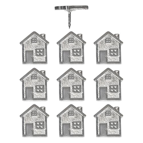 Image of Big House Push Pins - Silver Metal Home Pins - for Cork Board, Maps, or Lapel Pin Use - Designed in USA - Set of 10