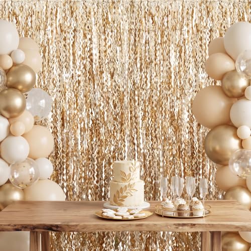 Image of TONIFUL 2Pcs Wavy Champagne Gold Metallic Foil Fringe Curtains Streamers | 3.3ftx6.6ft Photo Booth Backdrop Door Streamer, Props for Bachelorette Birthday Wedding Bridal Shower Baby Shower Decoration
