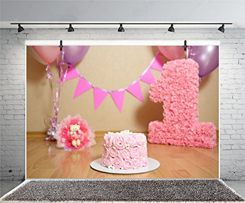 Qinunipoto 写真撮影用 背景布 撮影用 背景 happy birthday 誕生日 一歳 写真背景布 撮影 小道具 ピンクの花のケーキ 人物撮影用 背景 女の誕生日 屋内写真の背景 誕生の背景 パーティーの背景 ビニール 1.5x1m