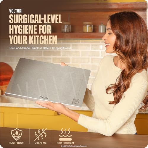 Image of VOLTURI 304 Stainless Steel Chopping Board (42 x 32.5 cm), Upgraded to Surgical-Level Hygiene, Food-Grade, Non-Porous, Rustproof, Heat Resistant Heavy-Duty Cutting Board Built for Daily Indian Cooking