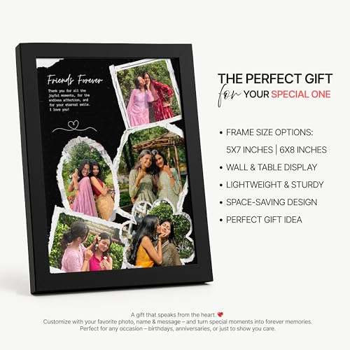 Image of Framekaari Friends Customized Photo Frame | Personalized Best Friend Gift | Black Scrapbook Design | 5 Custom Photos & Text | Tabletop & Wall Mount | Home Decor | 16x21 cm (Design-16)