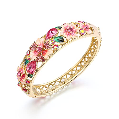 EleQueen Women's Gold-Tone Austrian Crystal Enamel Flower Leaf Bangle Bracelets