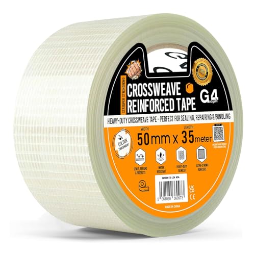 G4GADGET Strong Crossweave Reinforced Tape – 1 Roll, 50mm x 35m, Transparent Bi-Directional Filament Strapping Tape, Fiberglass Heavy Duty Tape for Cricket Bat, Packing & Sealing