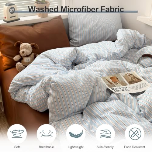 Image of EAVD Retro Striped Duvet Cover Full Light Blue&Brown Washed Microfiber | 3-Piece Vertical Striped Bedding Set, Soft Breathable, 1 Duvet Cover with 2 Pillowcases, Fresh Aesthetic, Zipper Corner Ties