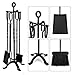 AMAGABELI GARDEN & HOME 5 Pieces Fireplace Tools Set Indoor Wrought Iron Fire Place Pit Large Poker Wood Stove Log Firewood Tongs Holder with Handles Modern Black Outdoor Accessories Kit