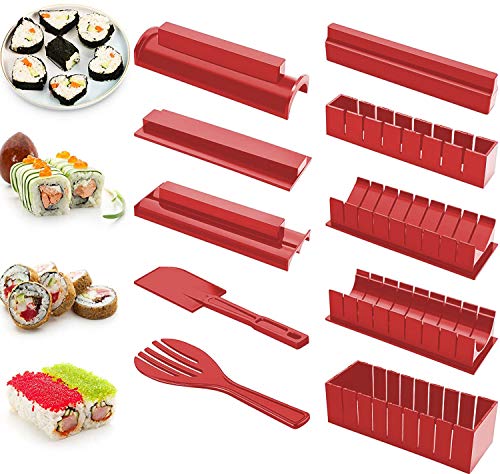 Sushi Making Kit, Beginners 10 Pieces Plastic Sushi Maker Tool Complete with 8 Sushi Rice Roll Mould Shapes for Kitchen DIY Easy To Use (Red)