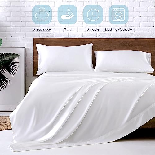 Image of MR&HM Satin Bed Sheets, Queen Size Sheets Set, 4 Pcs Silky Bedding Set with 15 Inches Deep Pocket for Mattress (Queen, White)