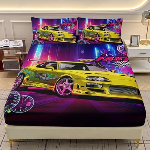 AILONEN Yellow Racing Car Fitted Sheet Full Size, Extreme Sport Bedding Set for Kids Boys,Sports Race Car Bed Sheet Set,Cool Speed Dial Bedsheets Set,3 Pieces,1 Fitted Sheet and 2 Pillowcases