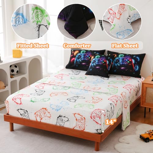 Image of 6 Pcs Bed in A Bag Gaming Full Size Comforter Sets for Boys,Gamer Bedding Set,Game Console Full Comforter Set with Sheets for Kids Teens