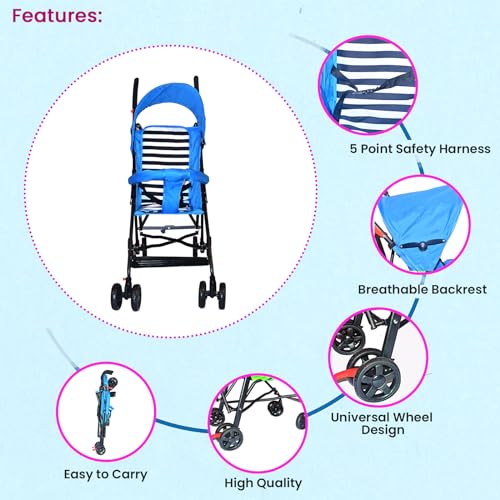 Image of Safe-O-Kid Trekker Safe Pram /Buggy (0-4 Years) with 1 Year Warranty (Model - 2024), Foldable /Portable, Light Weight Stroller for Baby /Kids with Metal Non-Slip Buggy /Pram Clips, Blue