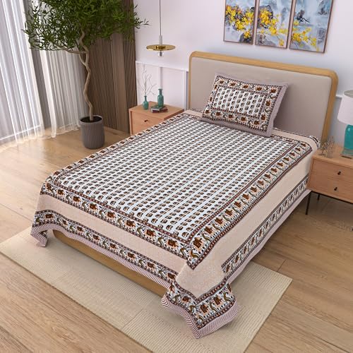 Image of 100% Cotton Single Bedsheet with 1 Pillow Cover | 240 TC Pure Cotton Flat Bed Sheet | Traditional Jaipuri Printed Bedding Set | Soft & Breathable | 60 x 90 Inch (Rangmahal Single 33)