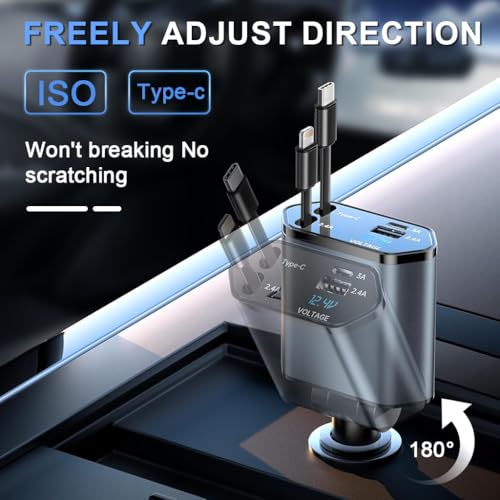 Image of STHIRA Retractable Car Charger Type C 120W 4 Ports Adapter Voltage Display USB Fast Charging Car Charger Fast Charging 120W