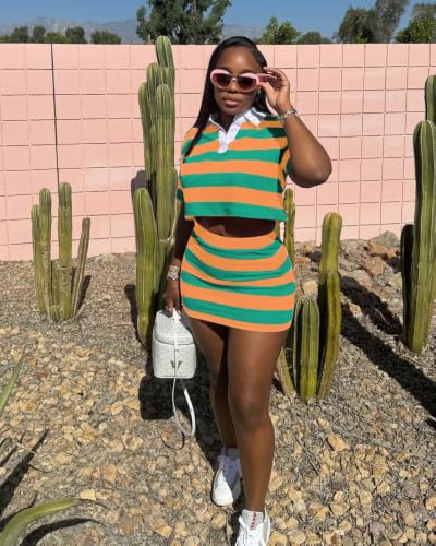 Image of HBQ Women's Casual 2 Piece Skirt Sets Polo Collar Crop Top Striped Mini Dress Summer Vacation-Stripe