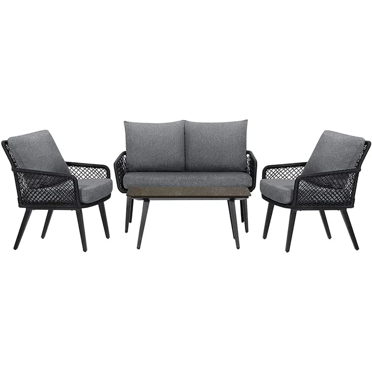 Image of DEVOKO Outdoor and Indoor 4 Seater Sofa with Center Table and Cushioned Rope Chairs Set for Garden, Balcony (Black & Grey)
