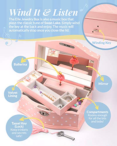 Elle Jewelry Box - Ballerina Jewelry Organizer And Swan Lake Wind-Up Music Box For Girls And Teens, Accessories And Keepsake Wooden Storage With Lock And Mirror, Charming Room Decor And Gift, Large #TOP2