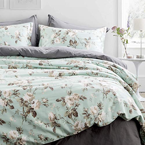 Eikei Home French Country Garden Toile Floral Printed Duvet Quilt Cover Cotton Bedding Set Asian Style Tapestry Pattern Chinoiserie Peony Blossom Tree Branches Multicolored Design (King, Light Blue)