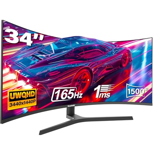 Gawfolk 34 Inch Ultrawide Curved Gaming Monitor 1500R PC Screen UWQHD 3440x1440 165hz Computer Screen with FreeSync Multi-Directional Adjustable Base Support HDMI 2.0 DP 1.4 Wallmount 75x75mm